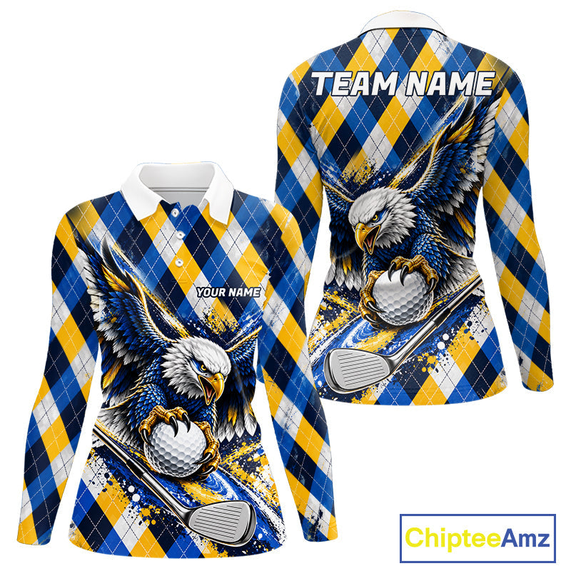 Blue & Yellow Argyle Pattern Eagle Golf Polo Shirt Custom Argyle Golf Team Golf Jersey