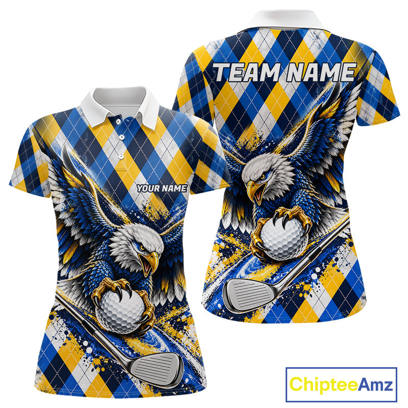 Blue & Yellow Argyle Pattern Eagle Golf Polo Shirt Custom Argyle Golf Team Golf Jersey