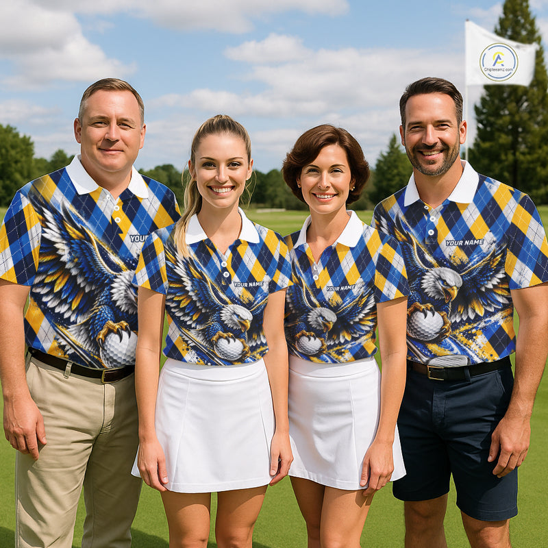 Blue & Yellow Argyle Pattern Eagle Golf Polo Shirt Custom Argyle Golf Team Golf Jersey