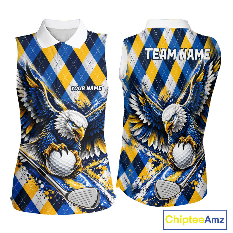 Blue & Yellow Argyle Eagle Golf Sleeveless Polo Shirt Custom Argyle Golf Team Golf Jersey