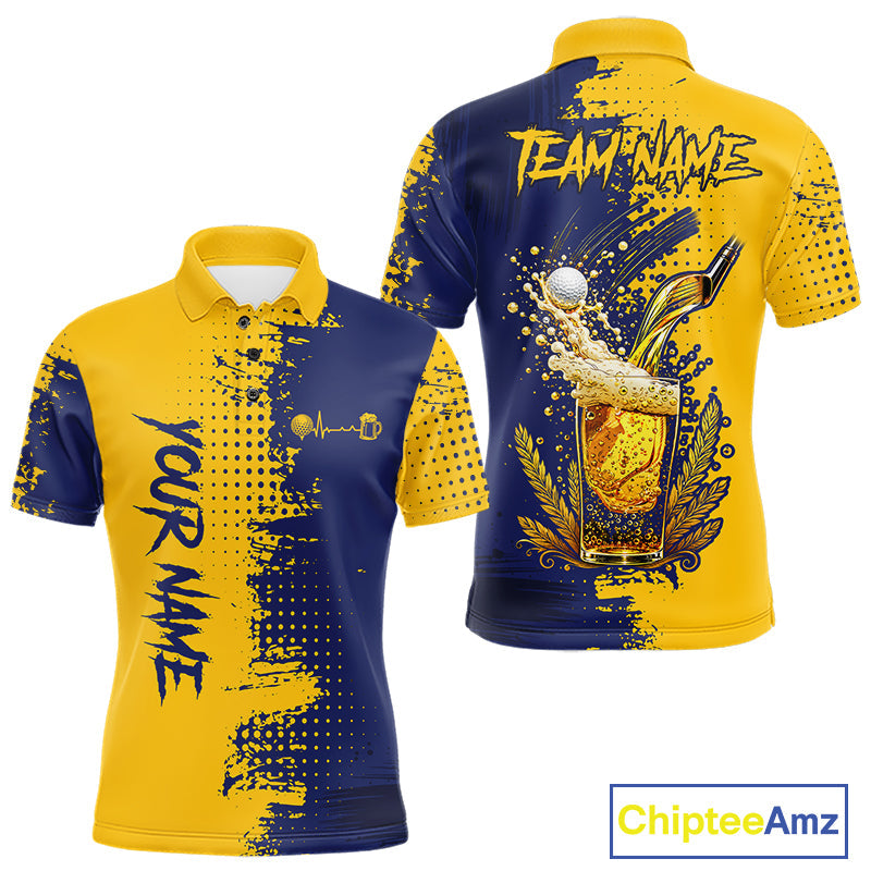 Blue & Yellow Golf Beer Polo Shirt Personalized Name Golf Jersey Funny Golf Team Shirt