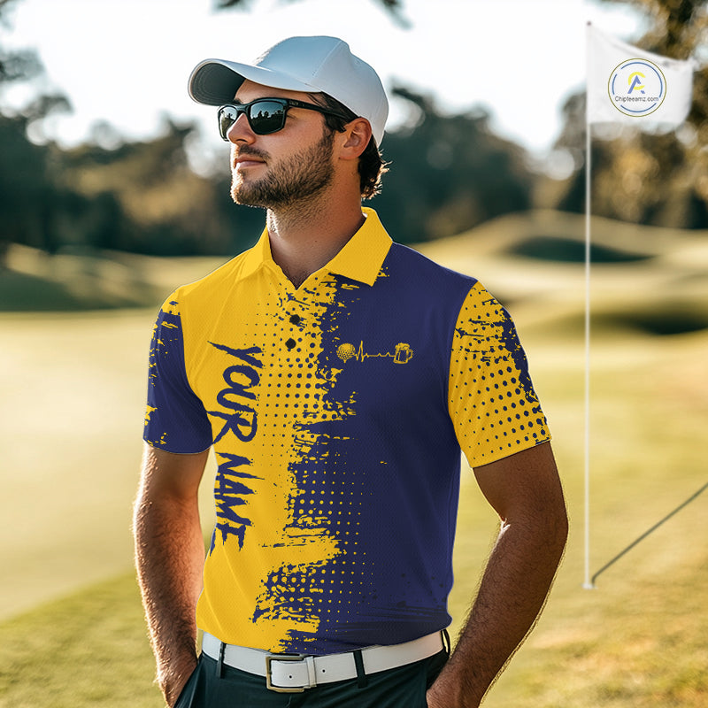 Blue & Yellow Golf Beer Polo Shirt Personalized Name Golf Jersey Funny Golf Team Shirt