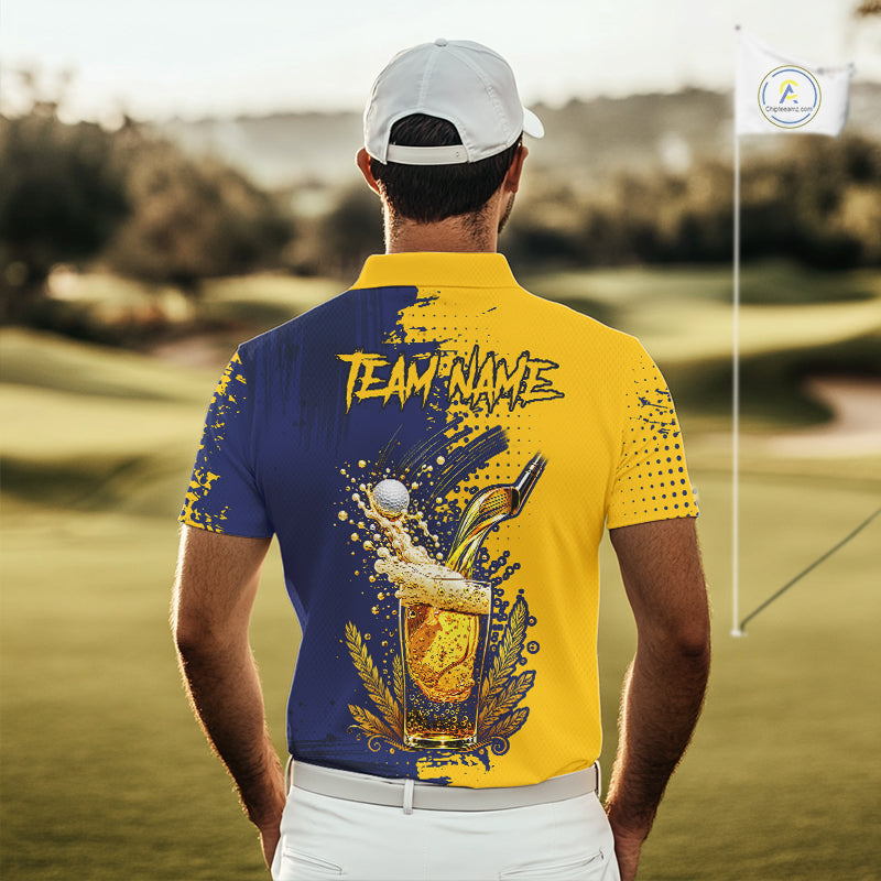 Blue & Yellow Golf Beer Polo Shirt Personalized Name Golf Jersey Funny Golf Team Shirt