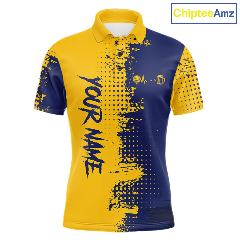Blue & Yellow Golf Beer Polo Shirt Personalized Name Golf Jersey Funny Golf Team Shirt