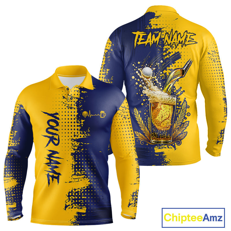 Blue & Yellow Golf Beer Polo Shirt Personalized Name Golf Jersey Funny Golf Team Shirt