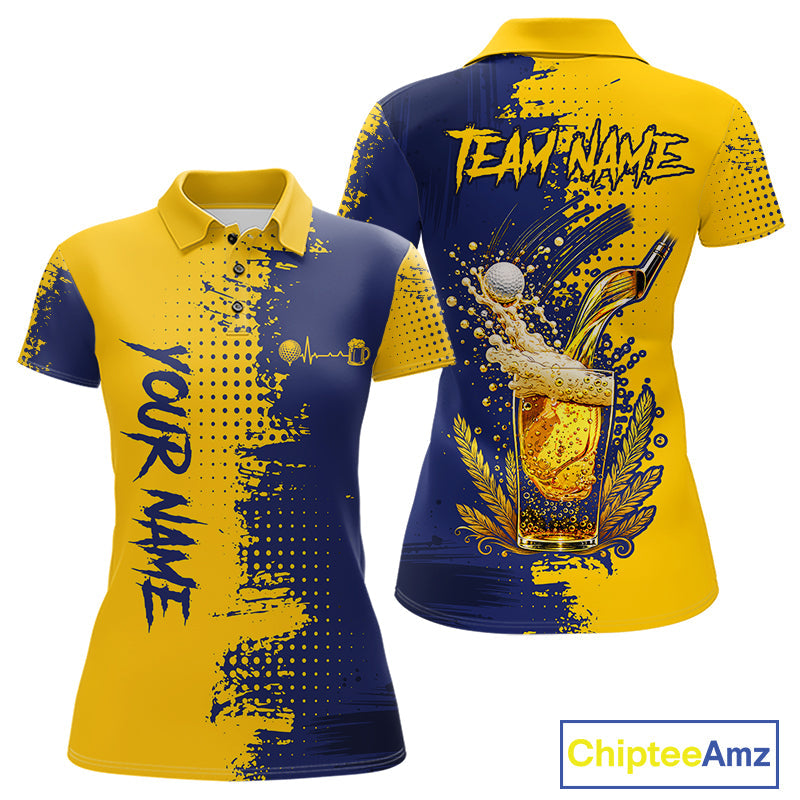 Blue & Yellow Golf Beer Polo Shirt Personalized Name Golf Jersey Funny Golf Team Shirt