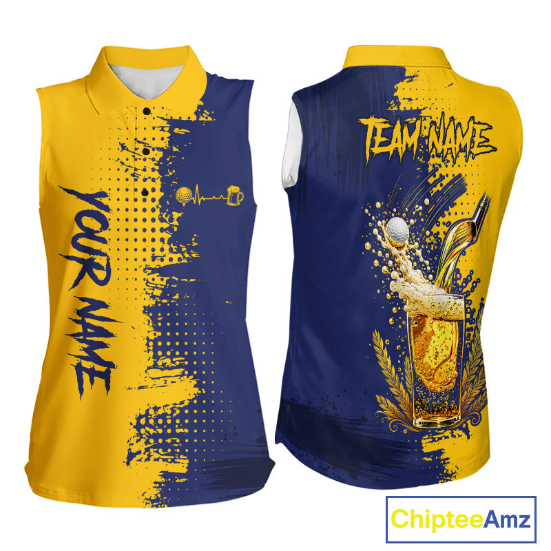 Blue & Yellow Golf Beer Sleeveless Polo Shirt Personalized Name Golf Jersey Funny Golf Team Shirt