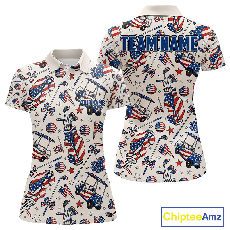 Personalized Pink Golf Polo Shirt American Flag Golf Clubs 4Th July Golf Tops