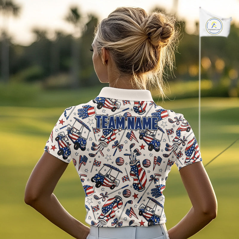 Personalized Pink Golf Polo Shirt American Flag Golf Clubs 4Th July Golf Tops