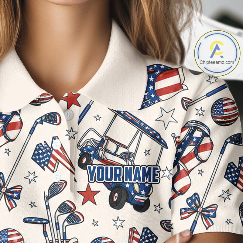 Personalized Pink Golf Polo Shirt American Flag Golf Clubs 4Th July Golf Tops