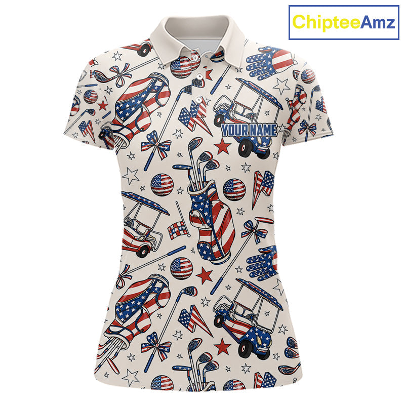 Personalized Pink Golf Polo Shirt American Flag Golf Clubs 4Th July Golf Tops
