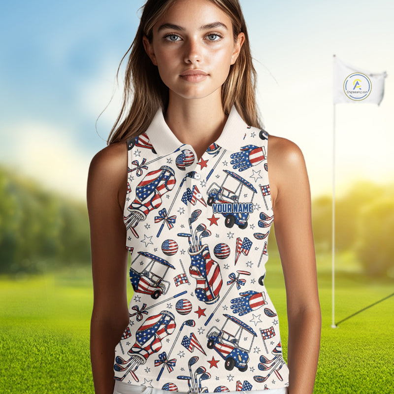 Personalized Pink Golf Sleeveless Polo Shirt American Flag Golf Clubs 4Th July Golf Tops