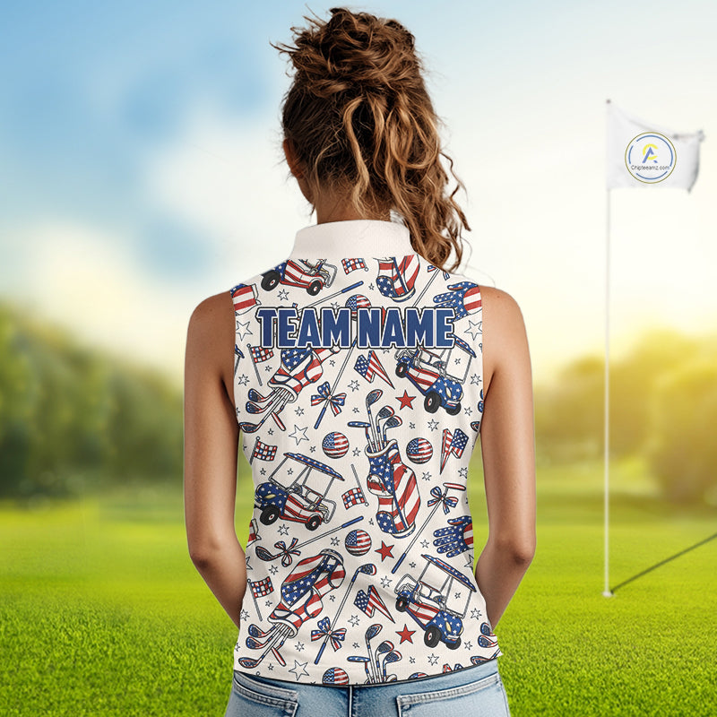 Personalized Pink Golf Sleeveless Polo Shirt American Flag Golf Clubs 4Th July Golf Tops
