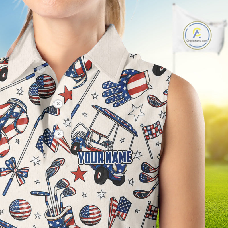 Personalized Pink Golf Sleeveless Polo Shirt American Flag Golf Clubs 4Th July Golf Tops