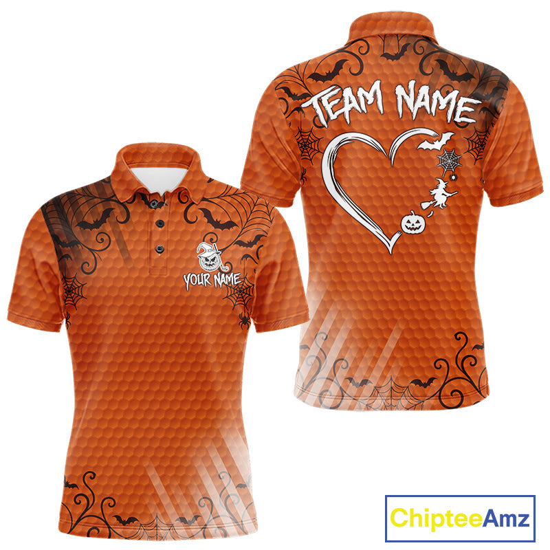 Heart Halloween Golf Polo Shirt Custom Orange Spiderweb Name Golf Shirt, Halloween Golf Gifts
