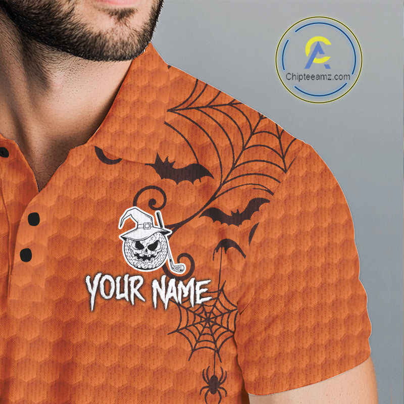 Heart Halloween Golf Polo Shirt Custom Orange Spiderweb Name Golf Shirt, Halloween Golf Gifts