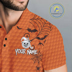 Heart Halloween Golf Polo Shirt Custom Orange Spiderweb Name Golf Shirt, Halloween Golf Gifts