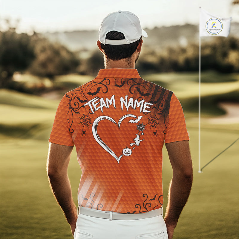 Heart Halloween Golf Polo Shirt Custom Orange Spiderweb Name Golf Shirt, Halloween Golf Gifts