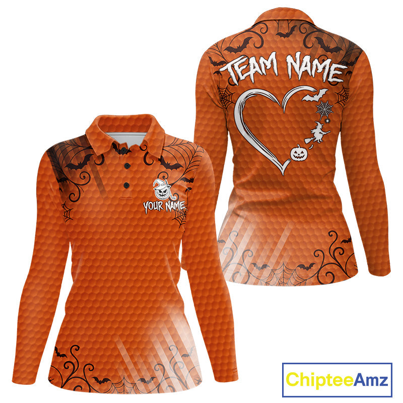 Heart Halloween Golf Polo Shirt Custom Orange Spiderweb Name Golf Shirt, Halloween Golf Gifts