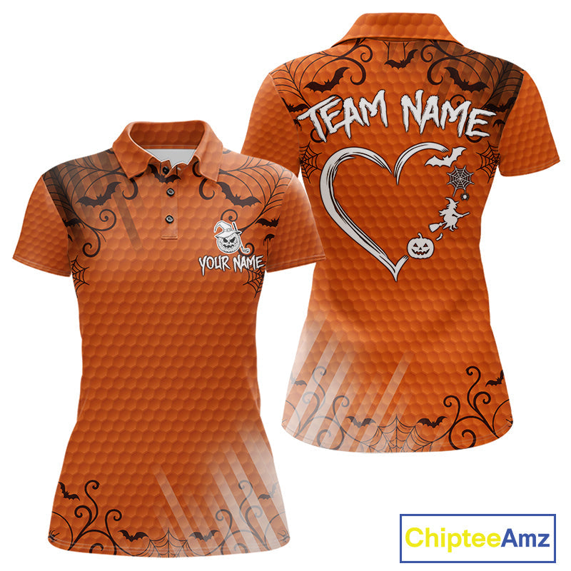 Heart Halloween Golf Polo Shirt Custom Orange Spiderweb Name Golf Shirt, Halloween Golf Gifts