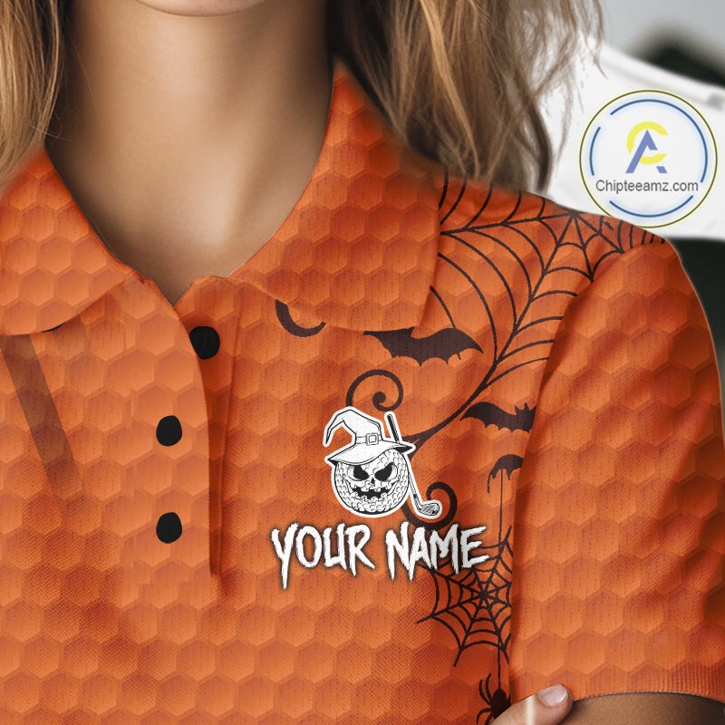 Heart Halloween Golf Polo Shirt Custom Orange Spiderweb Name Golf Shirt, Halloween Golf Gifts
