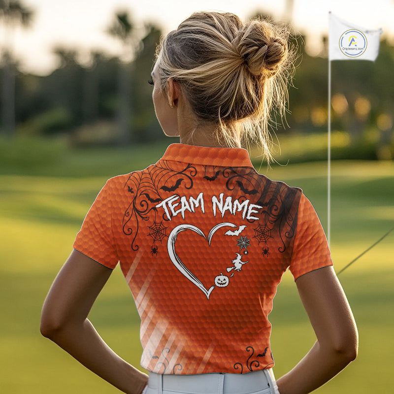 Heart Halloween Golf Polo Shirt Custom Orange Spiderweb Name Golf Shirt, Halloween Golf Gifts