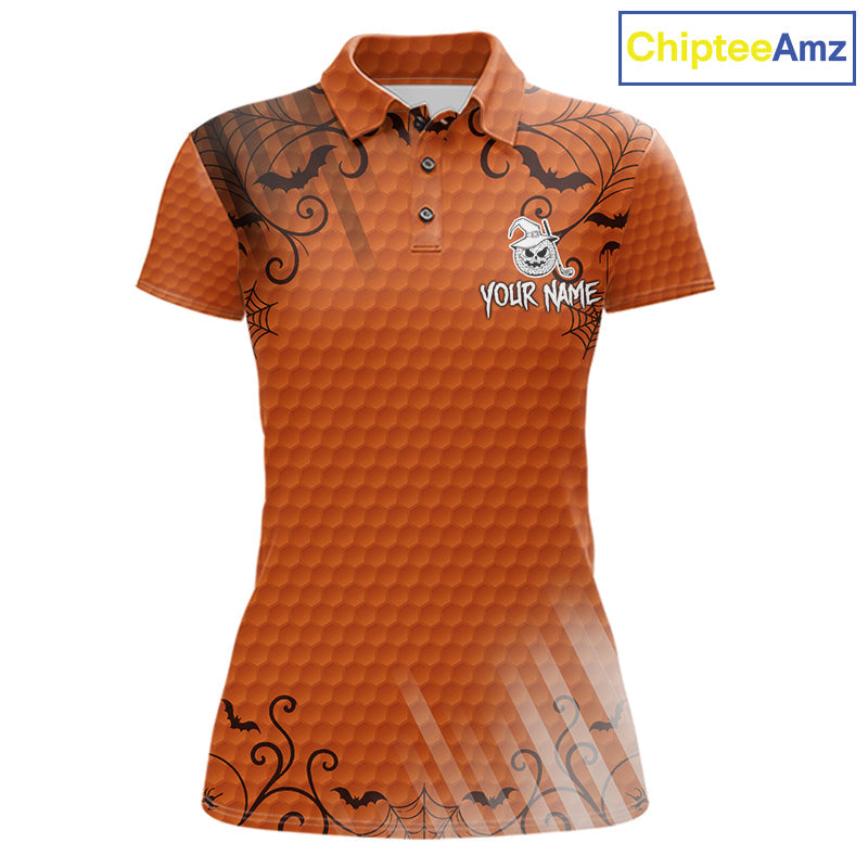 Heart Halloween Golf Polo Shirt Custom Orange Spiderweb Name Golf Shirt, Halloween Golf Gifts