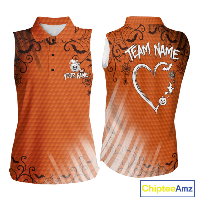 Heart Halloween Golf Sleeveless Polo Shirt Custom Orange Spiderweb Name Golf Shirt, Halloween Golf Gifts