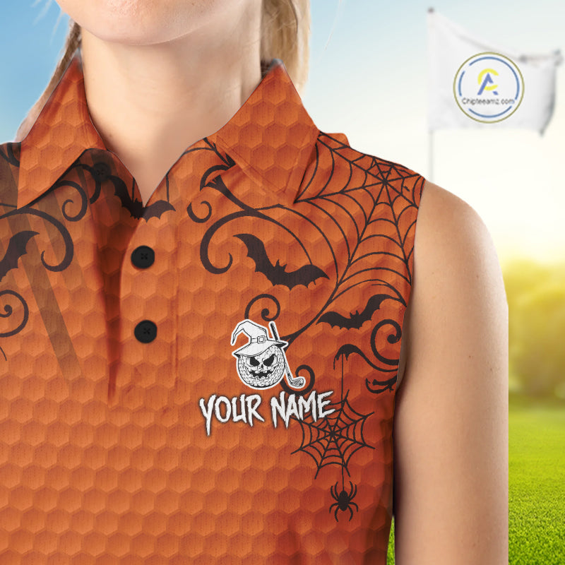 Heart Halloween Golf Sleeveless Polo Shirt Custom Orange Spiderweb Name Golf Shirt, Halloween Golf Gifts