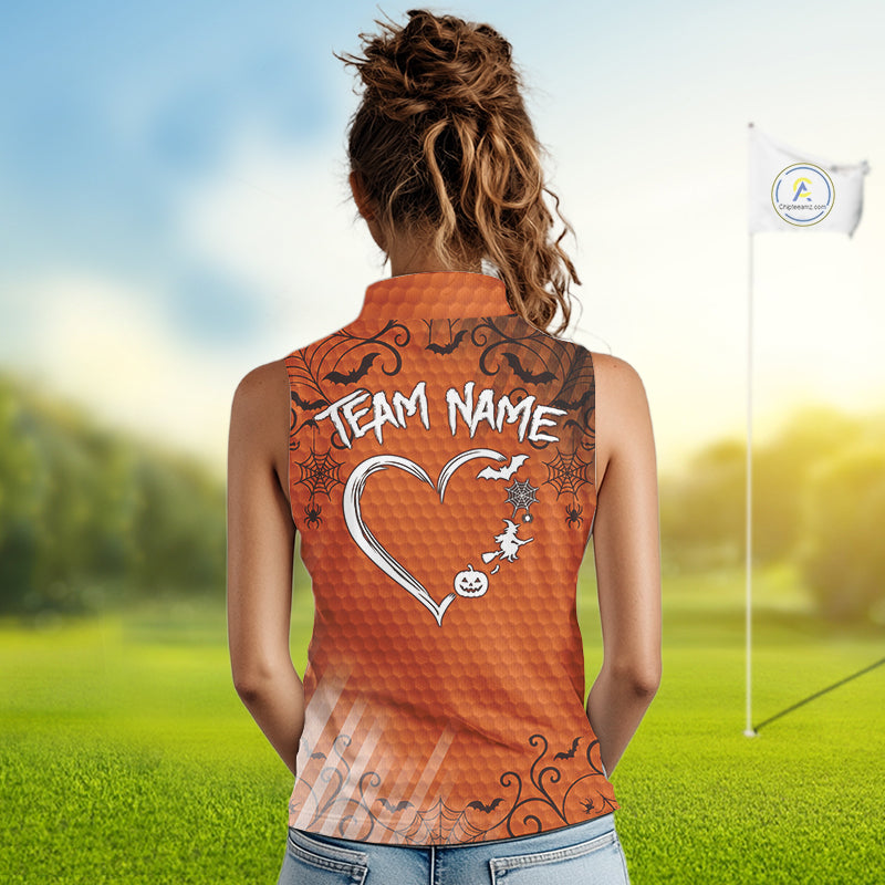 Heart Halloween Golf Sleeveless Polo Shirt Custom Orange Spiderweb Name Golf Shirt, Halloween Golf Gifts