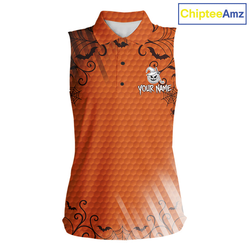 Heart Halloween Golf Sleeveless Polo Shirt Custom Orange Spiderweb Name Golf Shirt, Halloween Golf Gifts