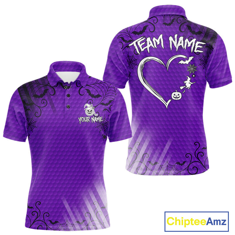 Heart Halloween Golf Polo Shirt Custom Purple Spiderweb Name Golf Shirt, Halloween Golf Gifts
