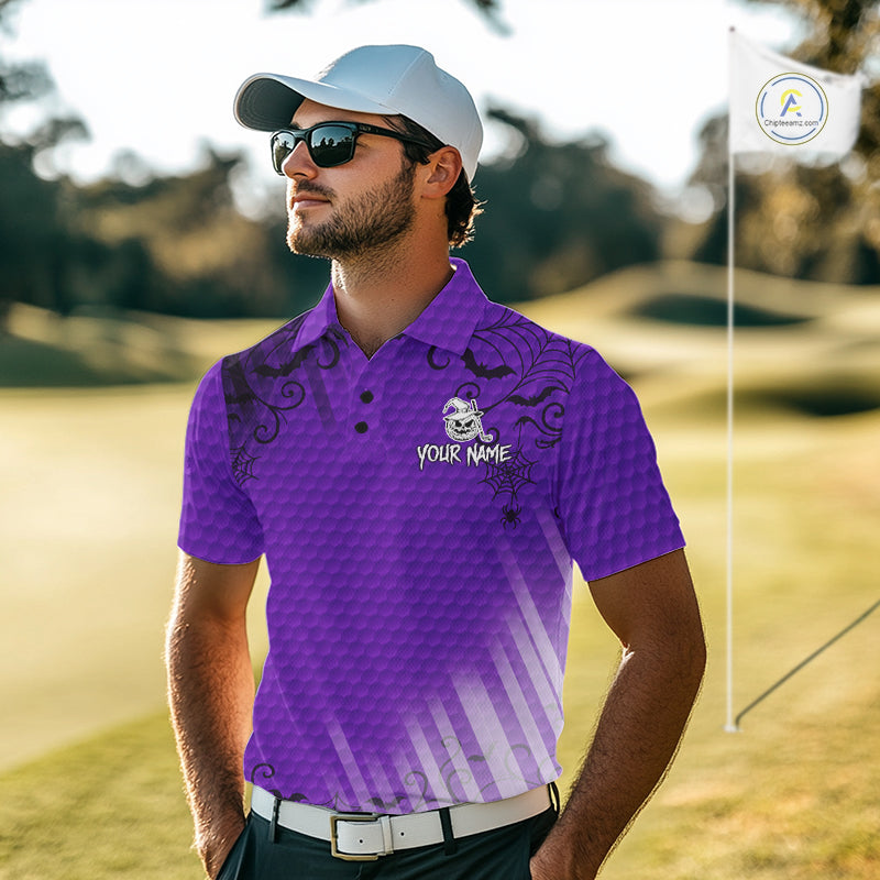 Heart Halloween Golf Polo Shirt Custom Purple Spiderweb Name Golf Shirt, Halloween Golf Gifts