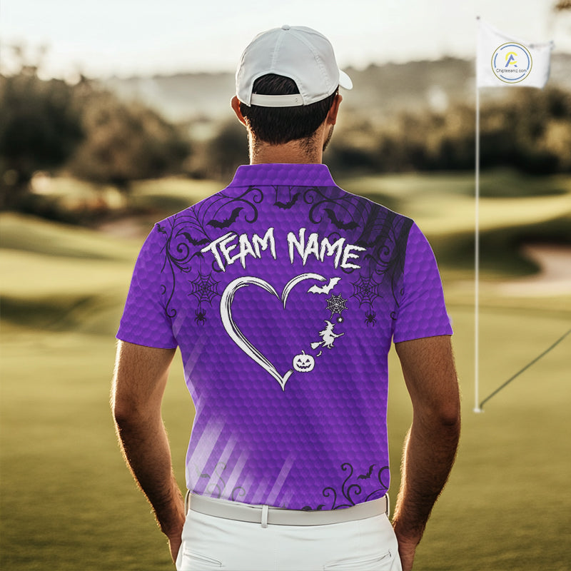Heart Halloween Golf Polo Shirt Custom Purple Spiderweb Name Golf Shirt, Halloween Golf Gifts