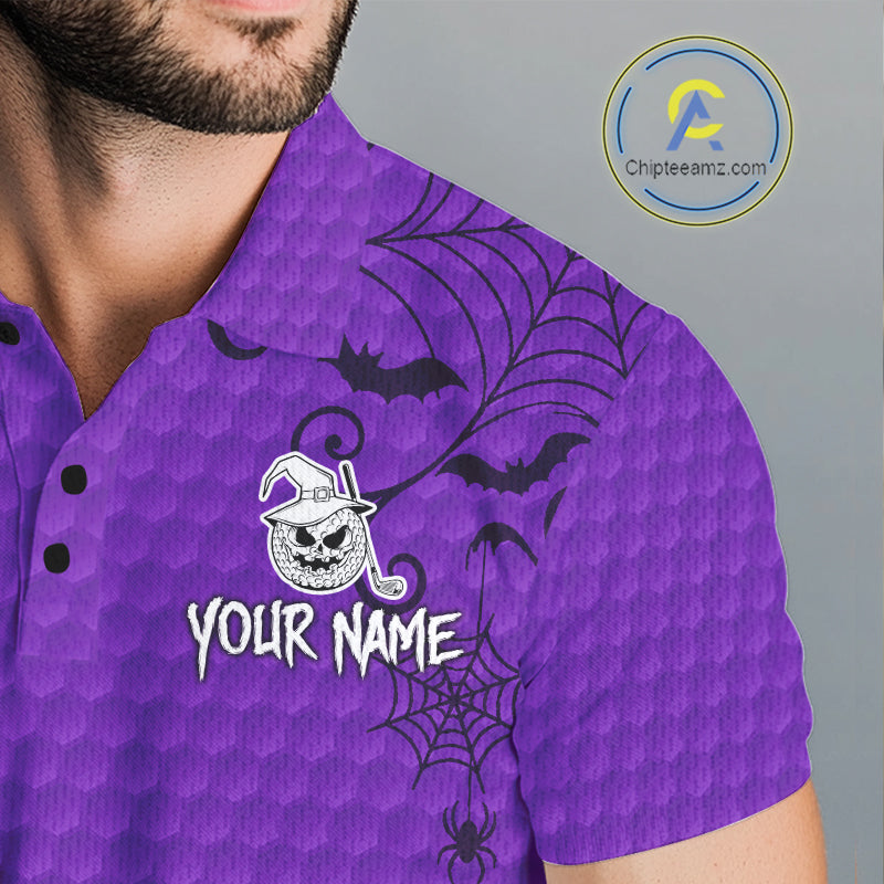 Heart Halloween Golf Polo Shirt Custom Purple Spiderweb Name Golf Shirt, Halloween Golf Gifts