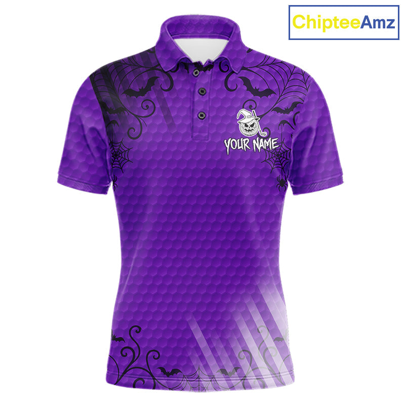 Heart Halloween Golf Polo Shirt Custom Purple Spiderweb Name Golf Shirt, Halloween Golf Gifts