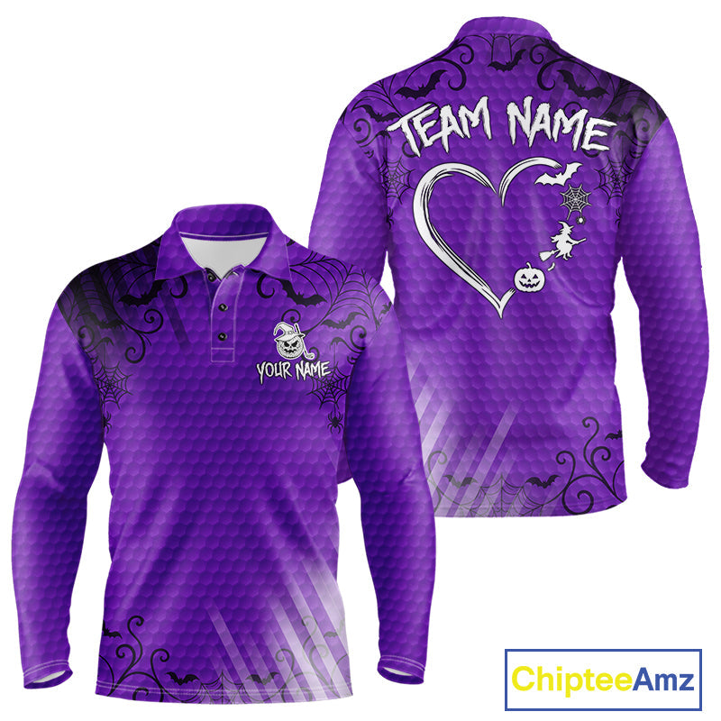 Heart Halloween Golf Polo Shirt Custom Purple Spiderweb Name Golf Shirt, Halloween Golf Gifts