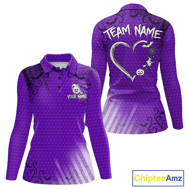 Heart Halloween Golf Polo Shirt Custom Purple Spiderweb Name Golf Shirt, Halloween Golf Gifts