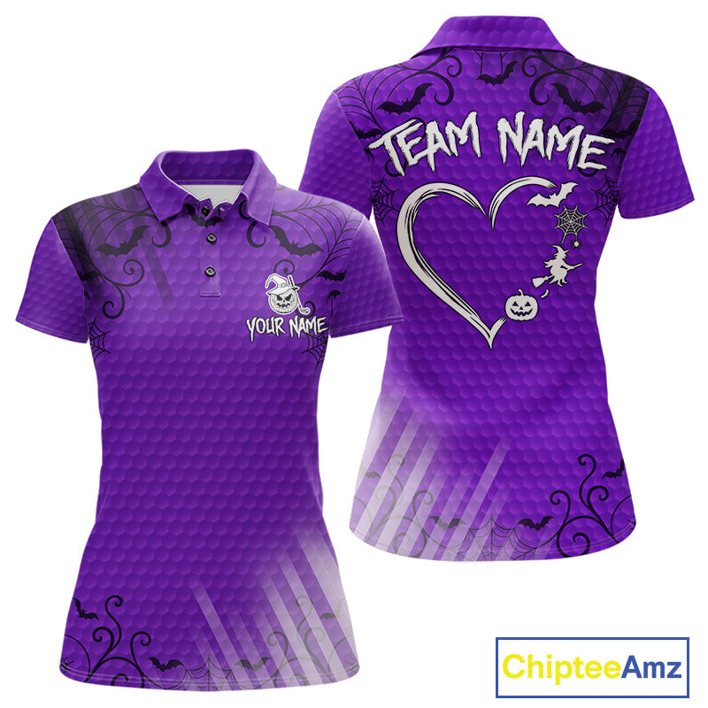 Heart Halloween Golf Polo Shirt Custom Purple Spiderweb Name Golf Shirt, Halloween Golf Gifts