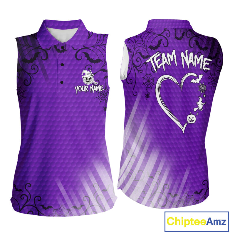 Heart Halloween Golf Sleeveless Polo Shirt Custom Purple Spiderweb Name Golf Shirt, Halloween Golf Gifts
