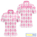 Golf Polo Shirt Custom White And Pink Argyle Plaid Pattern Golf Team Attire Golf Gifts