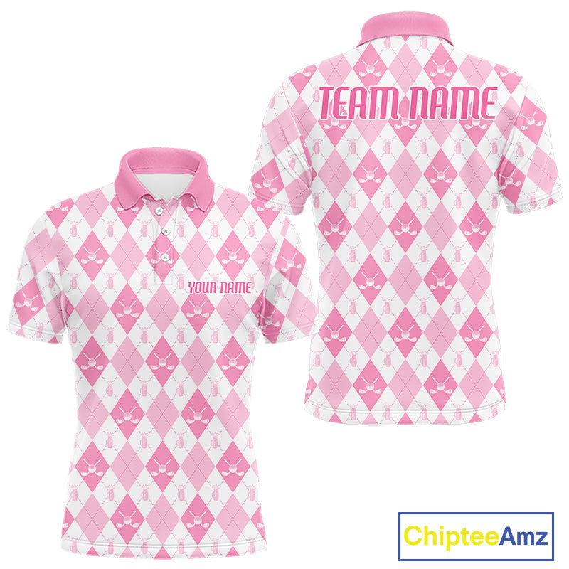 Golf Polo Shirt Custom White And Pink Argyle Plaid Pattern Golf Team Attire Golf Gifts