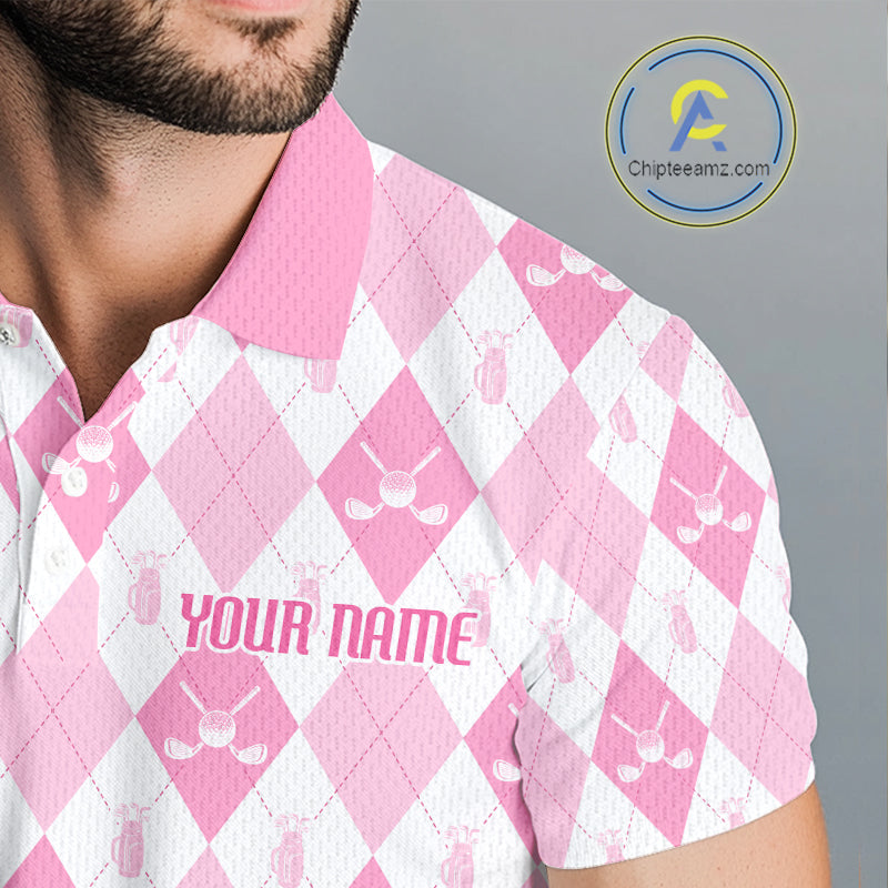 Golf Polo Shirt Custom White And Pink Argyle Plaid Pattern Golf Team Attire Golf Gifts
