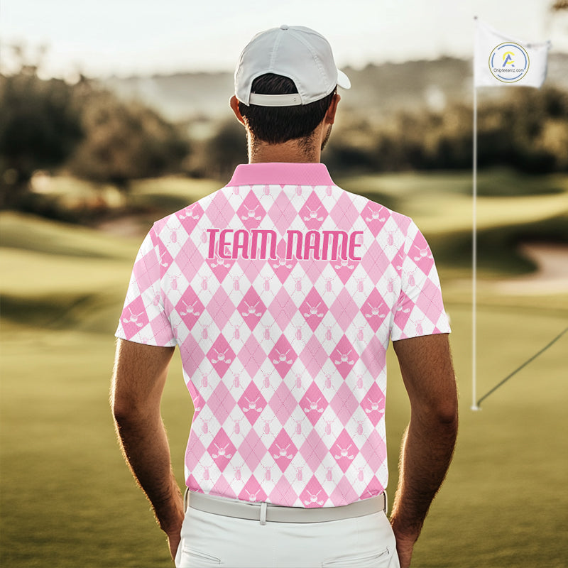 Golf Polo Shirt Custom White And Pink Argyle Plaid Pattern Golf Team Attire Golf Gifts