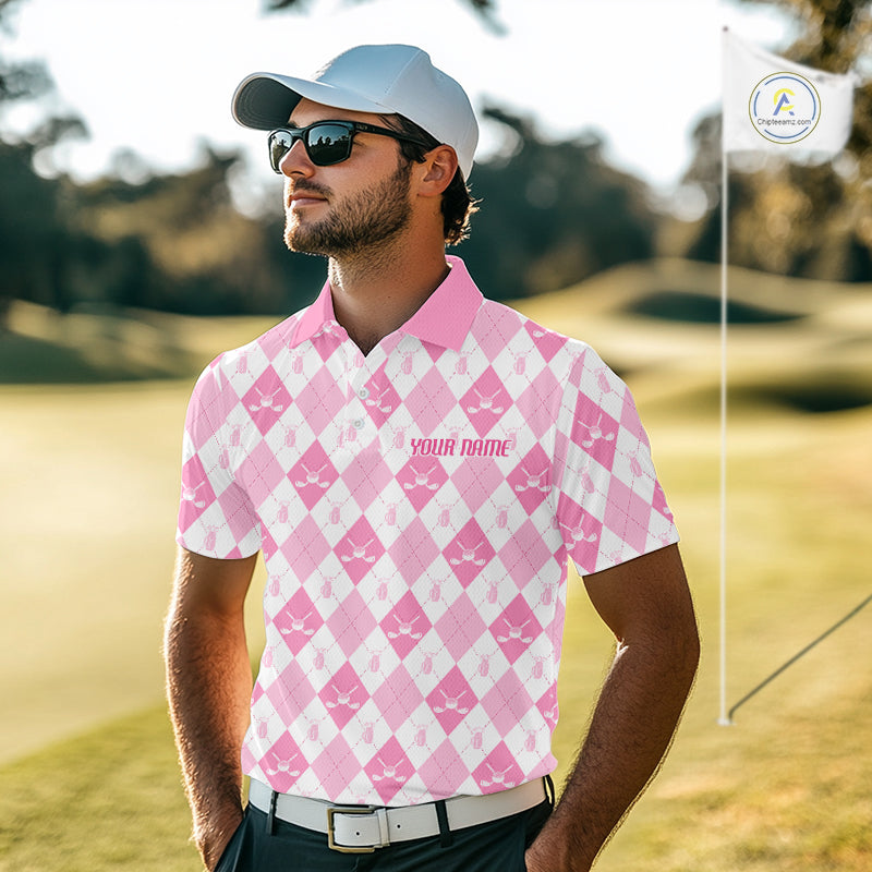 Golf Polo Shirt Custom White And Pink Argyle Plaid Pattern Golf Team Attire Golf Gifts