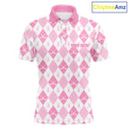 Golf Polo Shirt Custom White And Pink Argyle Plaid Pattern Golf Team Attire Golf Gifts