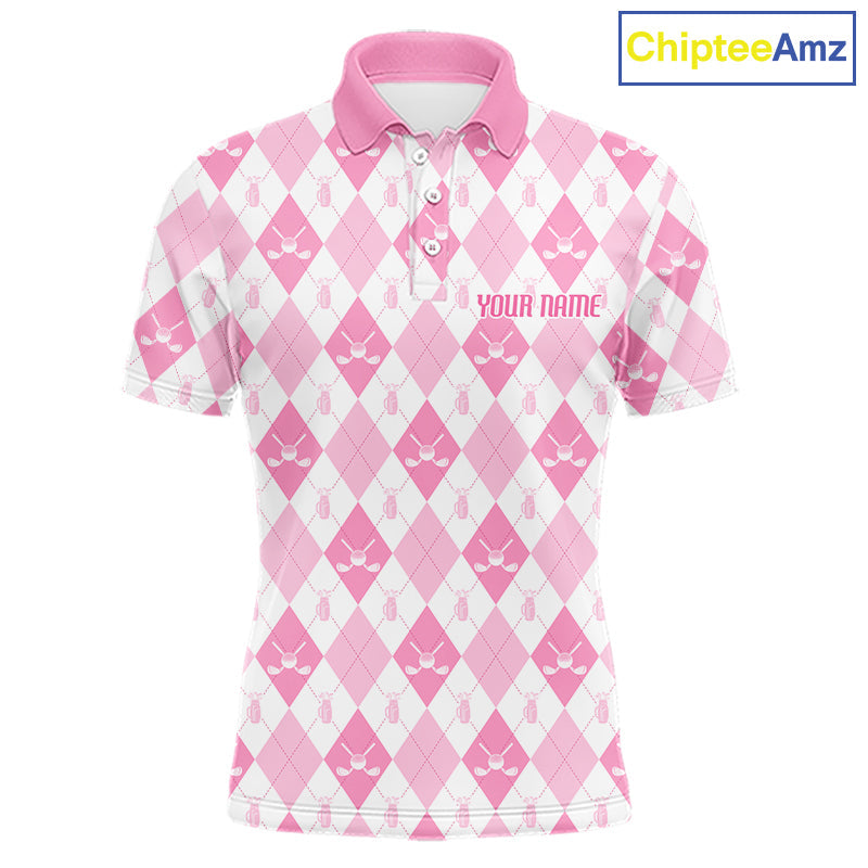 Golf Polo Shirt Custom White And Pink Argyle Plaid Pattern Golf Team Attire Golf Gifts
