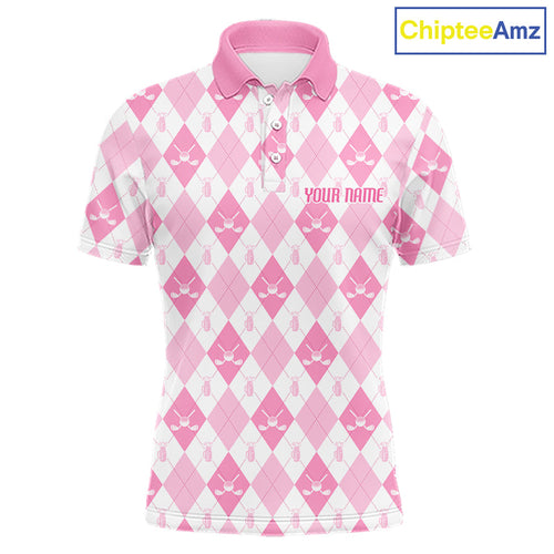 Golf Polo Shirt Custom White And Pink Argyle Plaid Pattern Golf Team Attire Golf Gifts