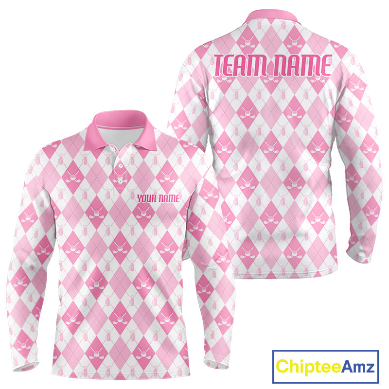 Golf Polo Shirt Custom White And Pink Argyle Plaid Pattern Golf Team Attire Golf Gifts