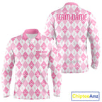 Golf Polo Shirt Custom White And Pink Argyle Plaid Pattern Golf Team Attire Golf Gifts
